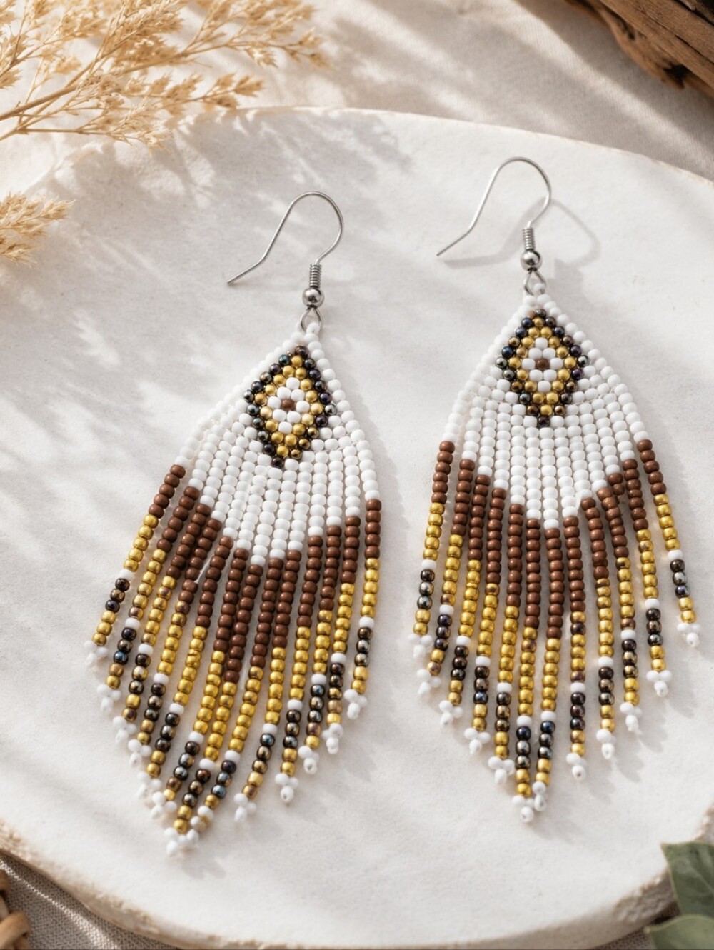 Handmade White Brown and Gold Fringe Beaded Indigenous Western Boho New